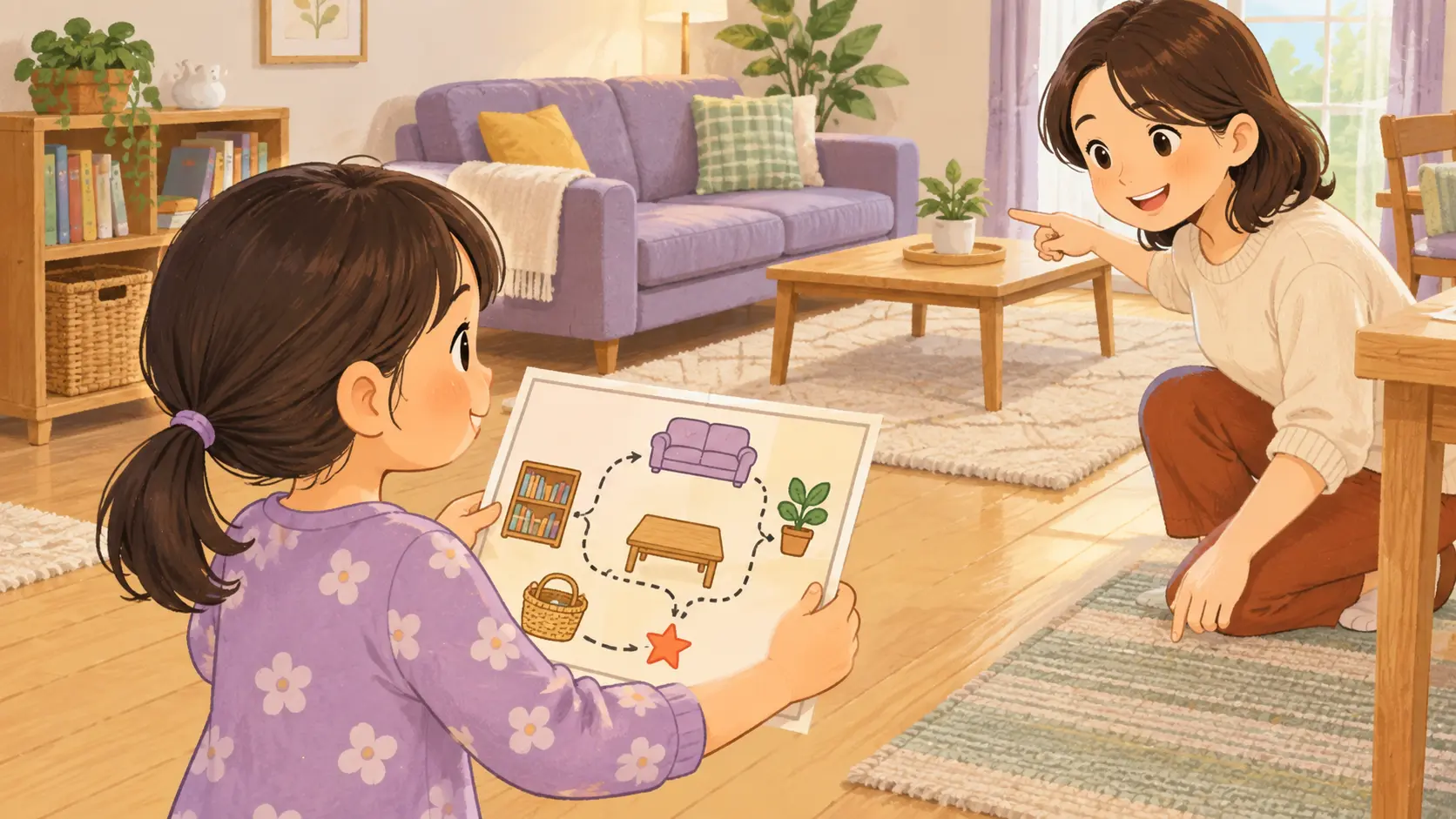 子どもが絵の宝探し地図を部屋と同じ向きに合わせ、保護者とソファの位置を確かめる様子