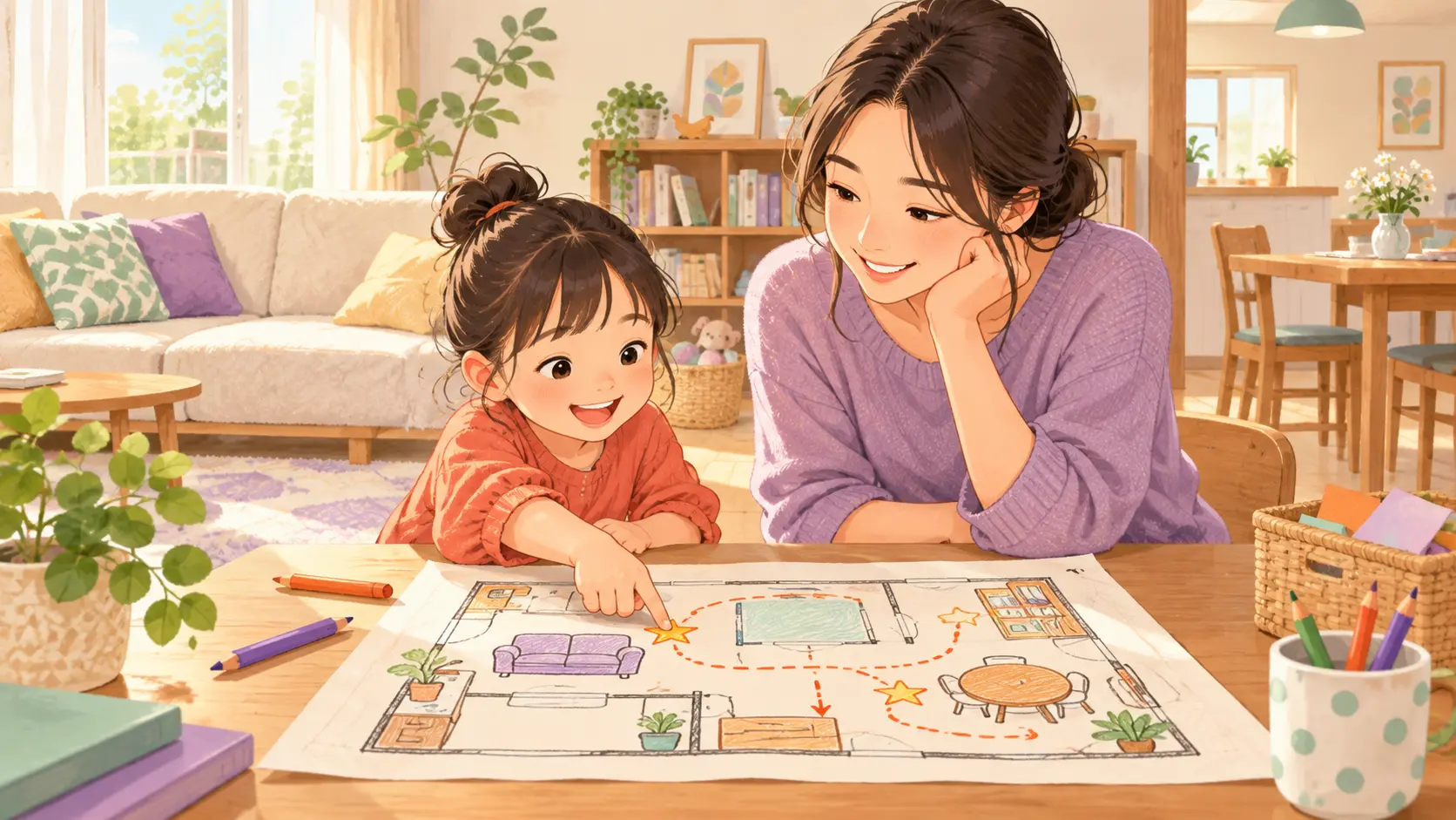 家の中の宝探し地図を親子で作る様子