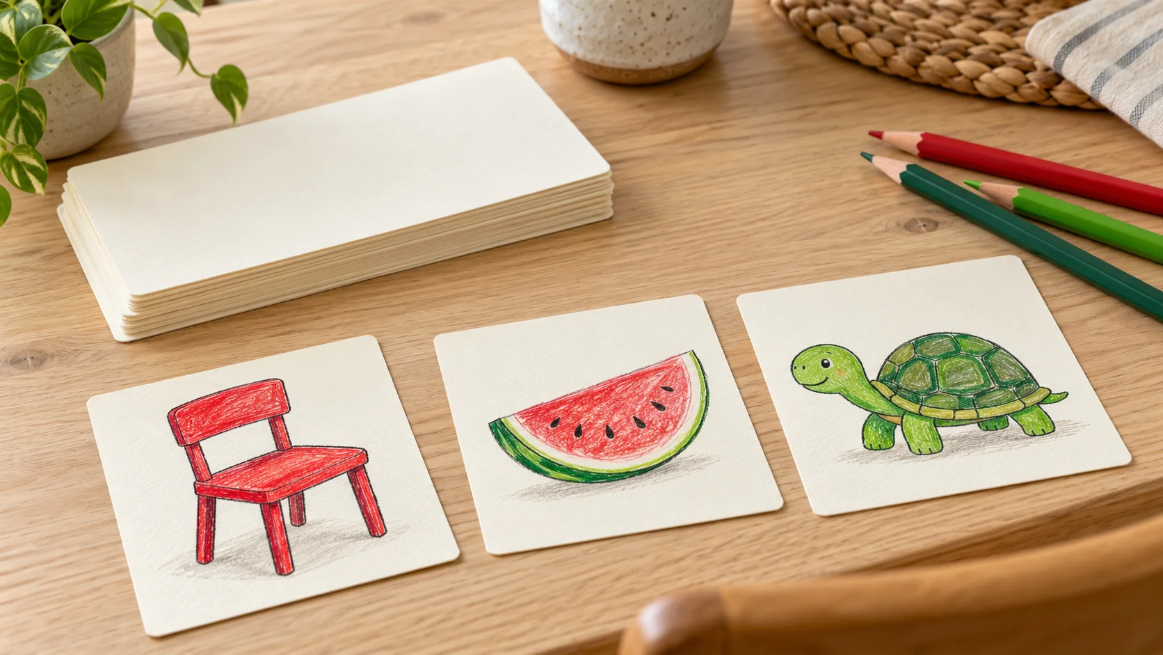 いす・すいか・かめの絵カードと、無地の紙や色鉛筆を用意した机