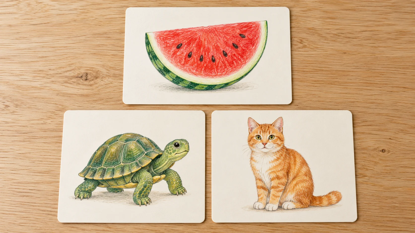 すいかの絵の下に、次の候補としてかめとねこの絵カードを置いた様子