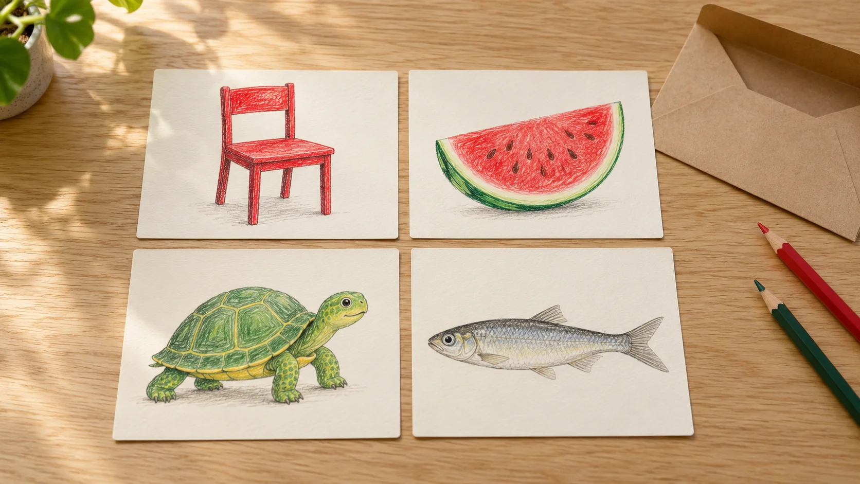 いす・すいか・かめ・小さな魚の四枚の絵カードと片づけ用の封筒