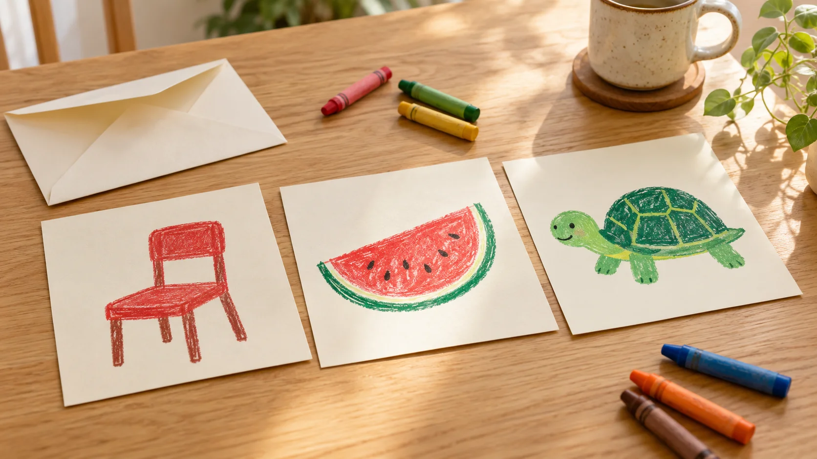 しりとりに使ういす・すいか・かめの三枚の絵カード