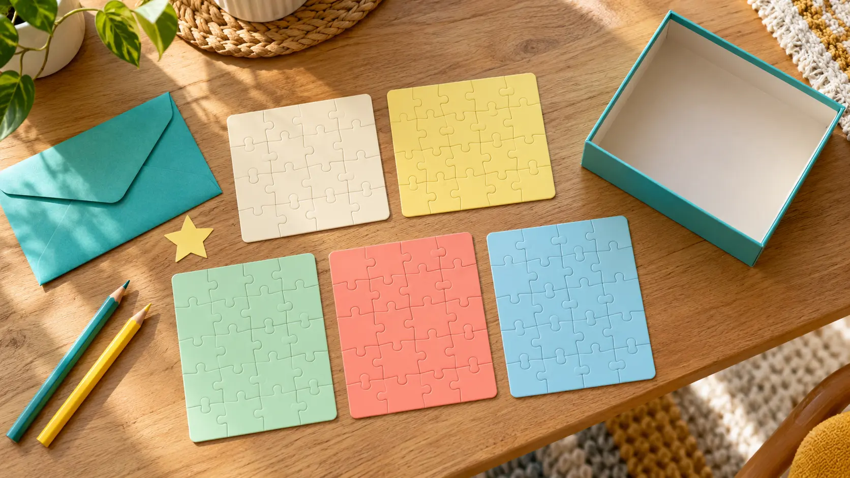 解き終わった5枚の紙の謎解きカードと封筒を片づける机