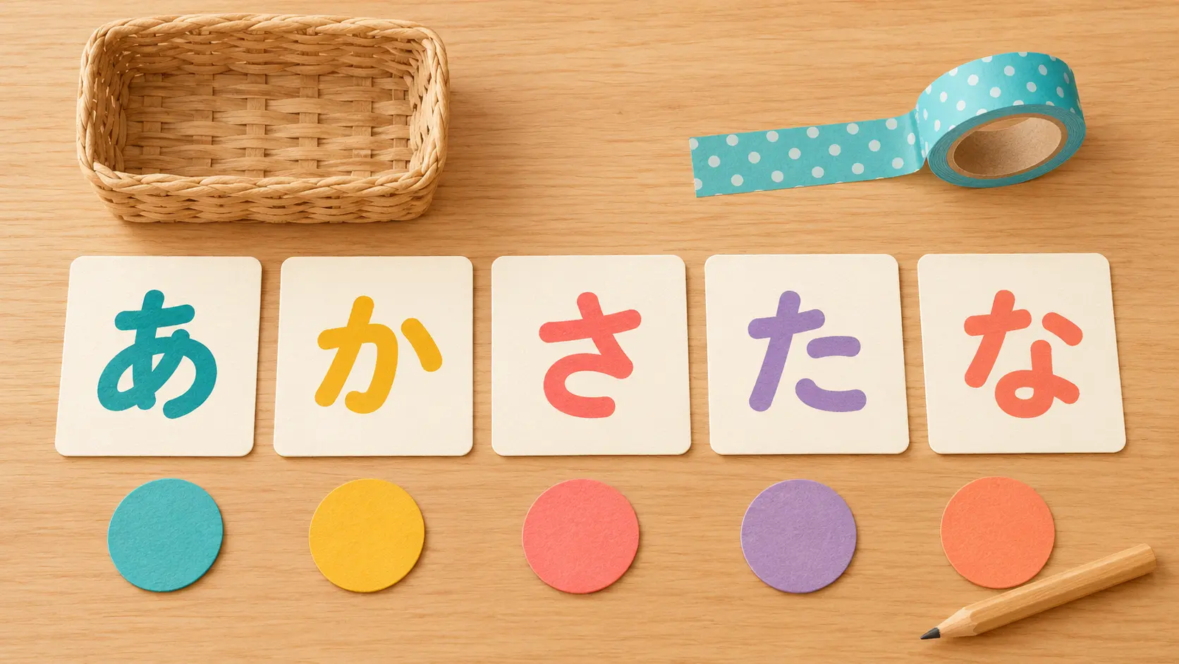あ・か・さ・た・なの5枚のひらがなカードと色の目印、かごを並べた準備