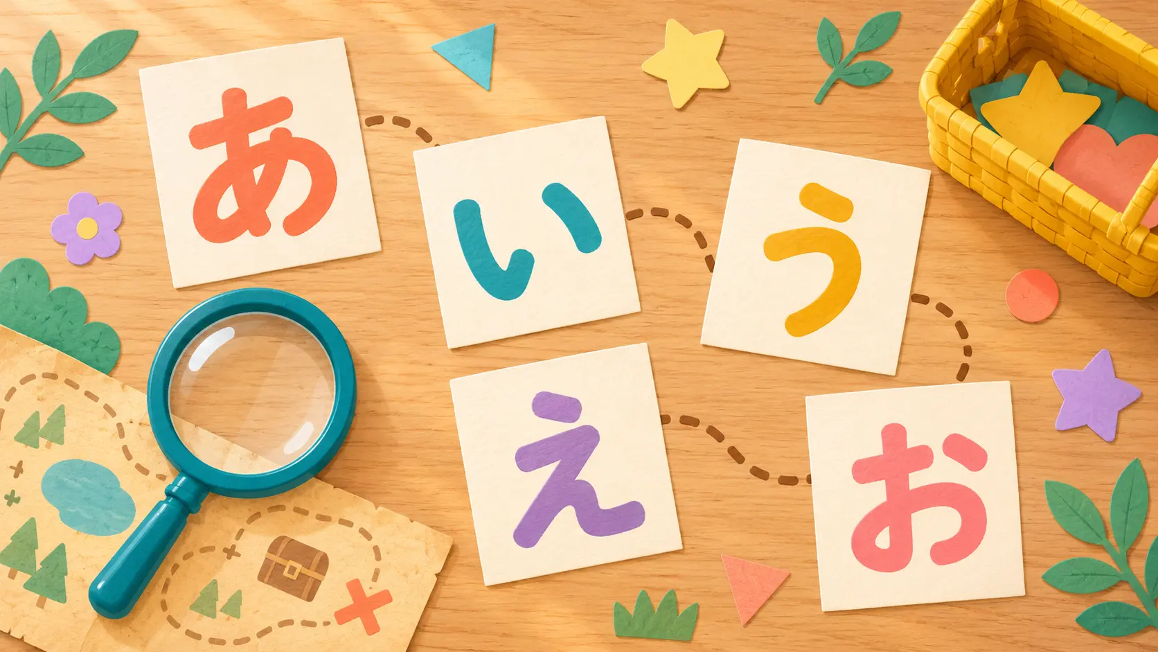 あ・い・う・え・おのカードと虫眼鏡、宝の地図を木の机に並べたひらがな探しゲーム