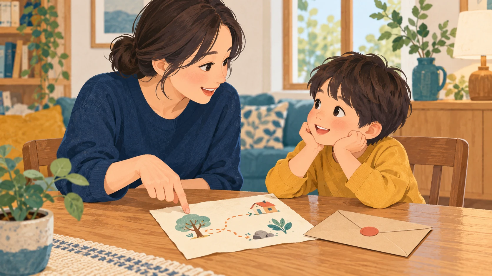 紙の手がかりを前に短い説明をする保護者と話を聞く子ども