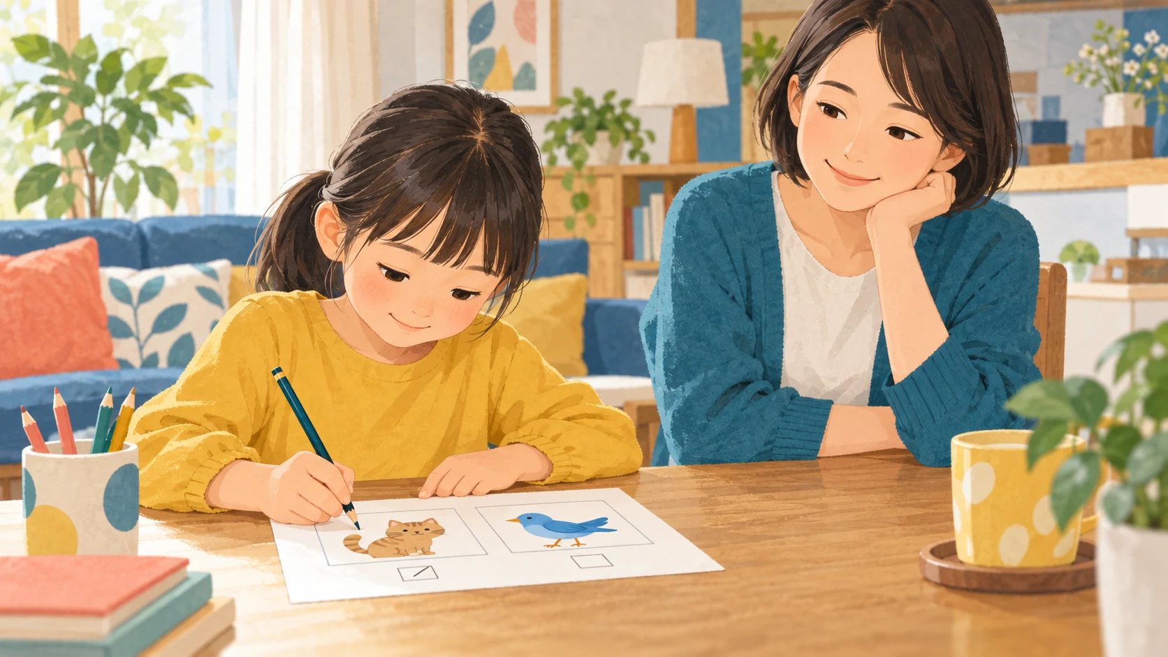 自分で二枚の絵カードを比べて考える子どもを近くで見守る保護者