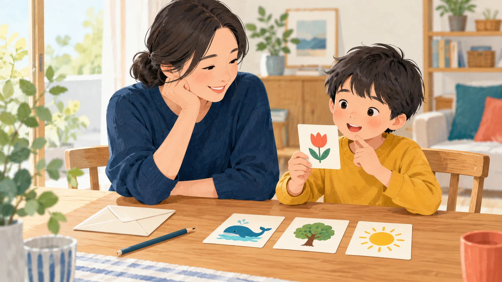 家のテーブルで初めての紙の謎解きを始める親子