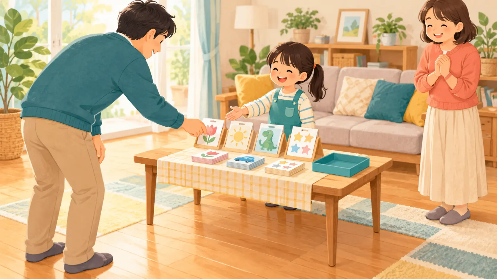 家族客が手作り商品を選び、子どもが机の反対側で接客する試運転