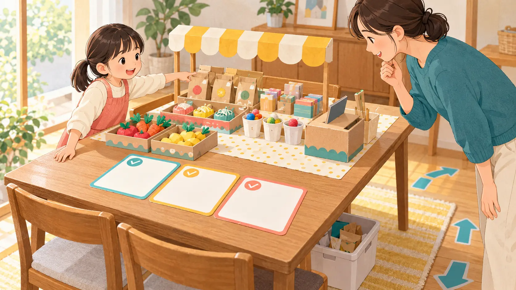 完成したお店屋さんごっこの売り場を親子で指さし確認する様子