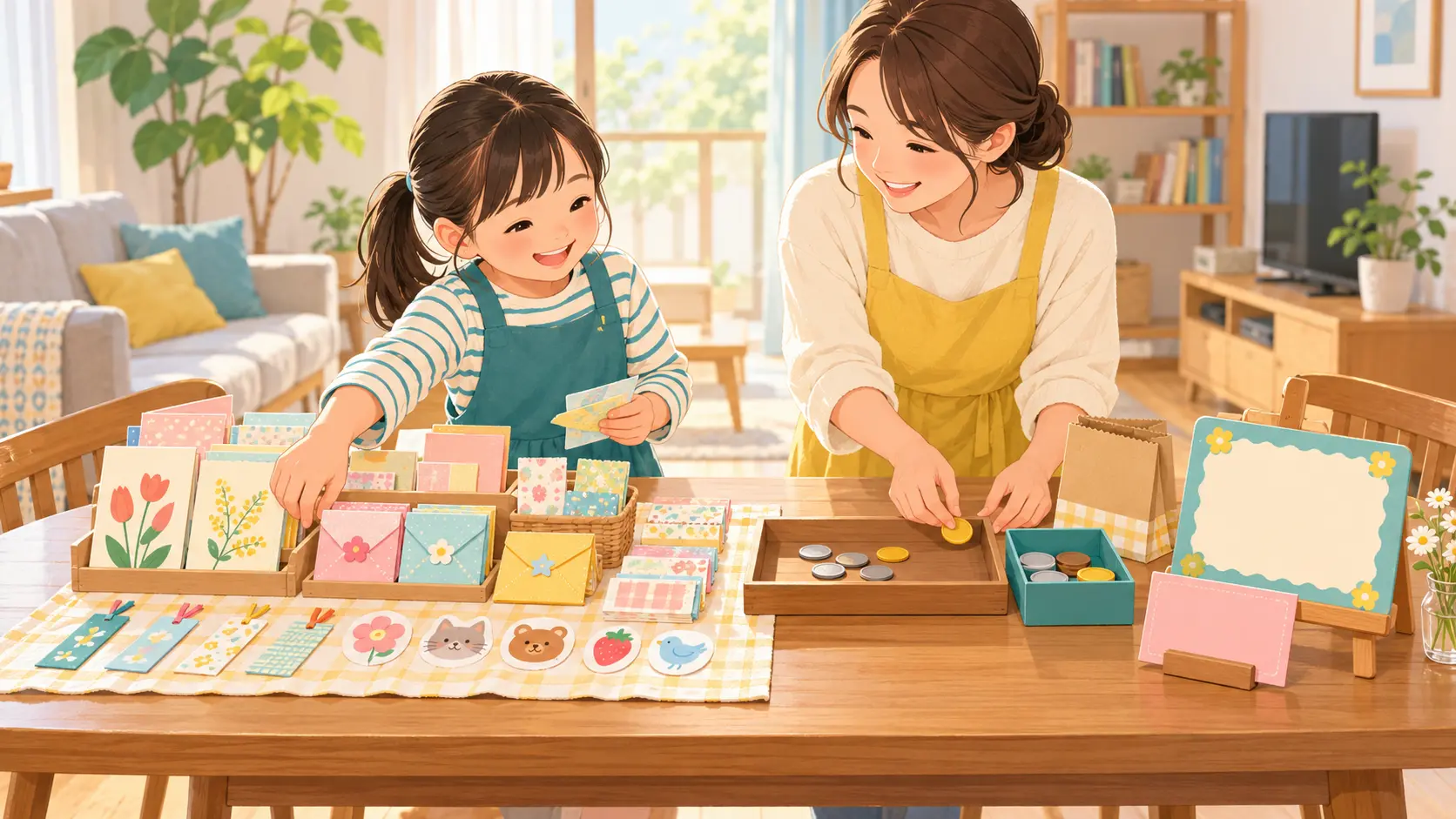 家の机1台に商品・会計・案内を分けて並べる親子
