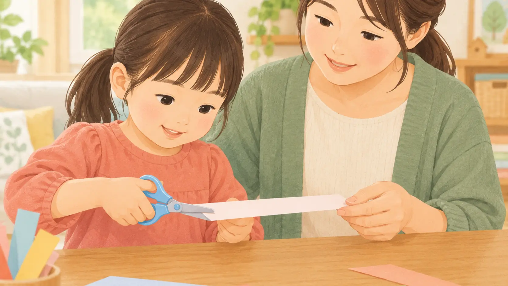 保護者が紙の端を支え、子どもが短冊をはさみで1回切りしている様子