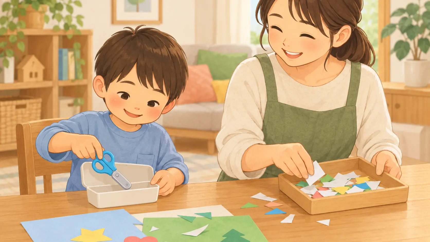 子どもが閉じたはさみをケースへ戻し、保護者が紙の切れ端を集めている様子