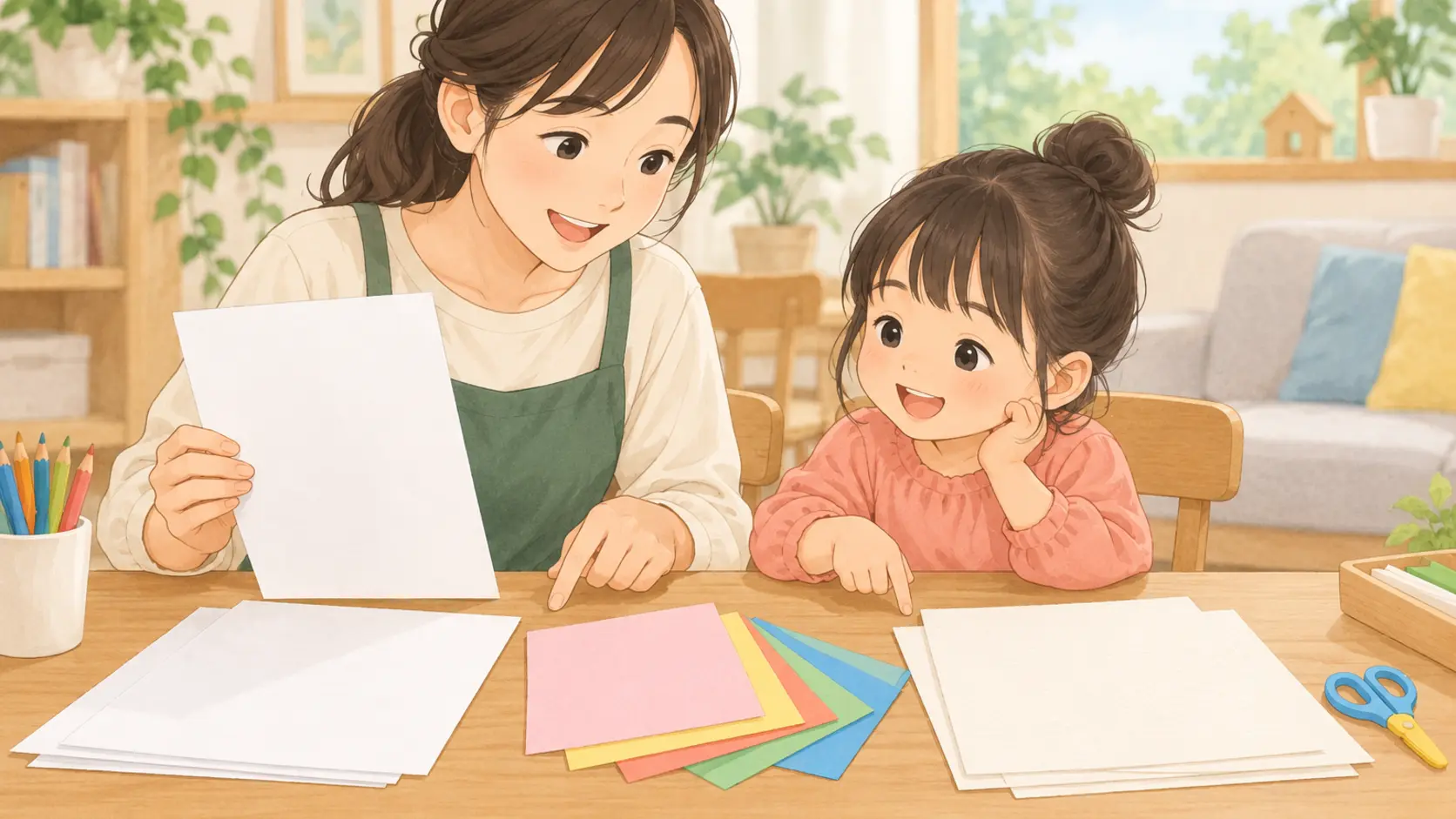 保護者と子どもがコピー用紙、折り紙、画用紙を見比べている様子