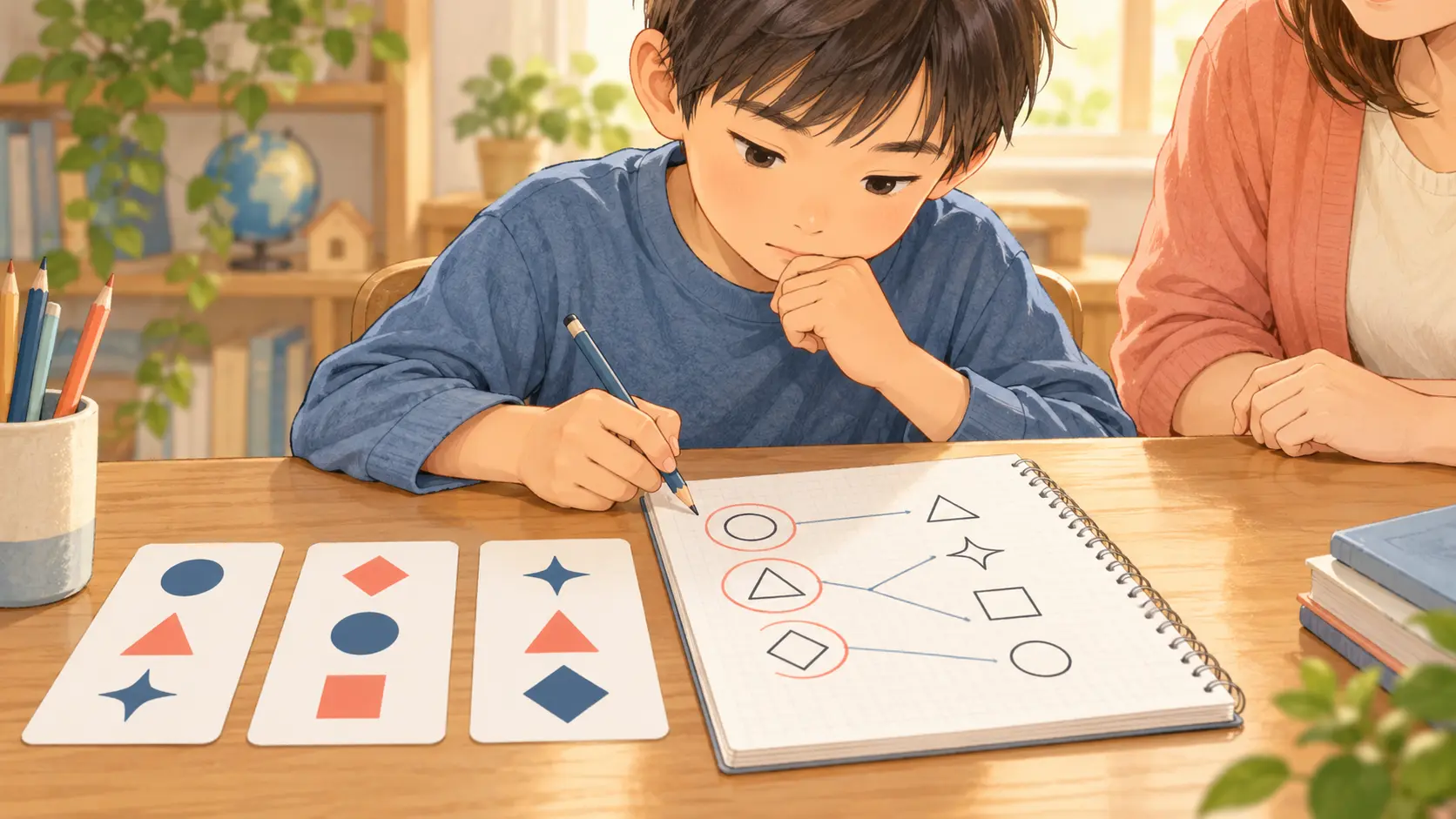 小学生が記号カードを見比べ、候補へ丸や消去線を書き込んでいる様子
