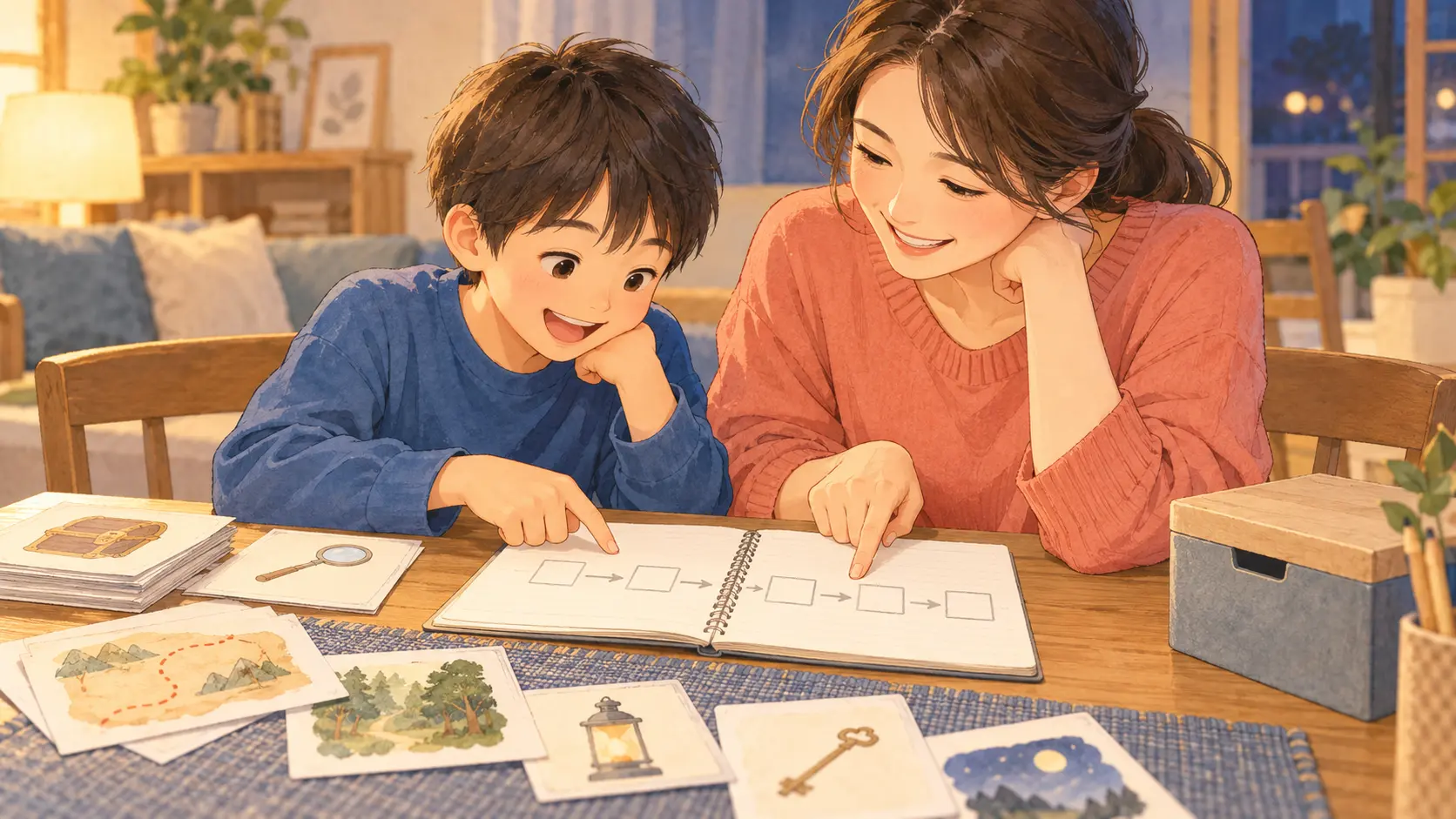 謎解き後に保護者と小学生がノートの丸や矢印を見返している様子