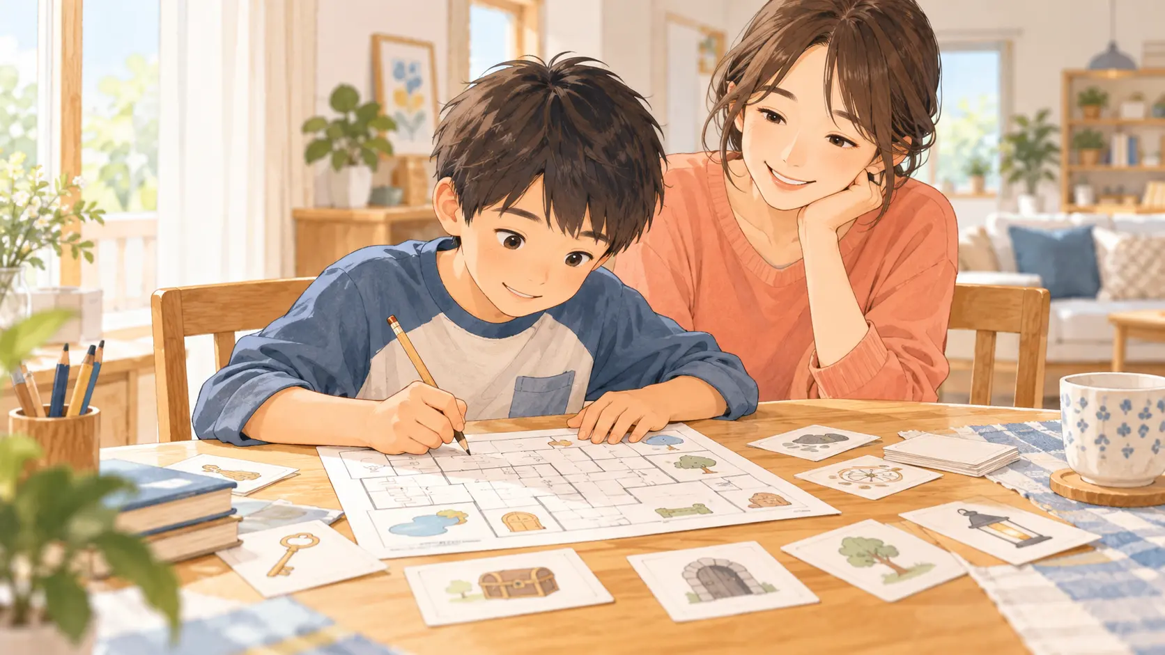 小学生が家のテーブルで謎解きの手がかりをメモしている様子