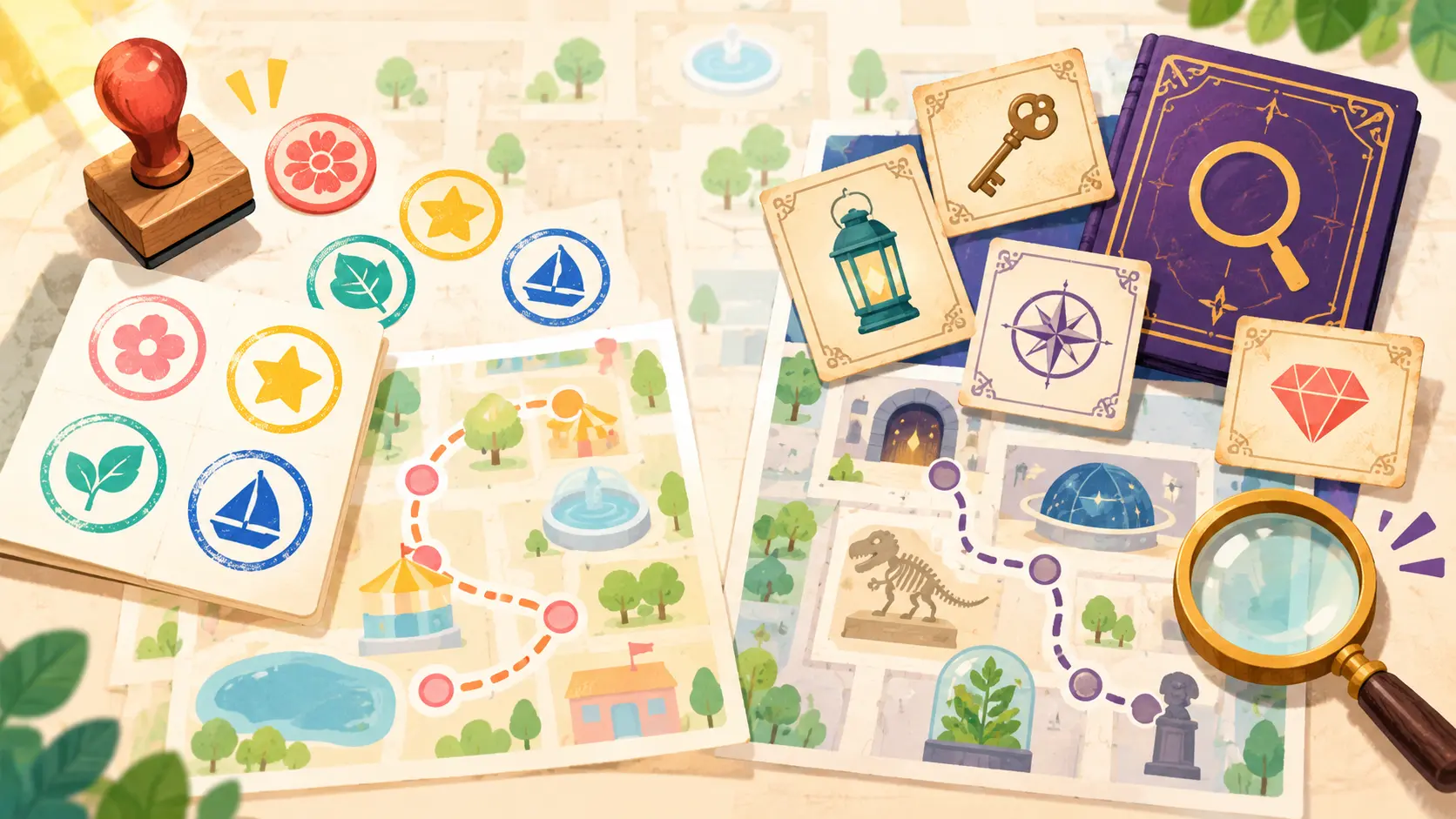 スタンプラリーと謎解きイベントの企画物を並べて比べたイラスト