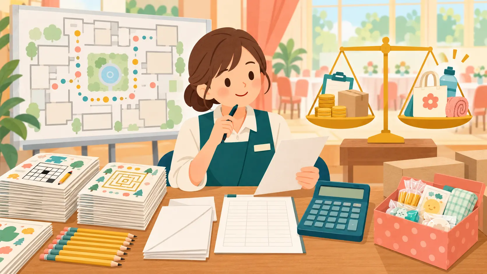 冊子・筆記具・封筒・特典を並べて謎解きイベントの費用を計算する施設担当者