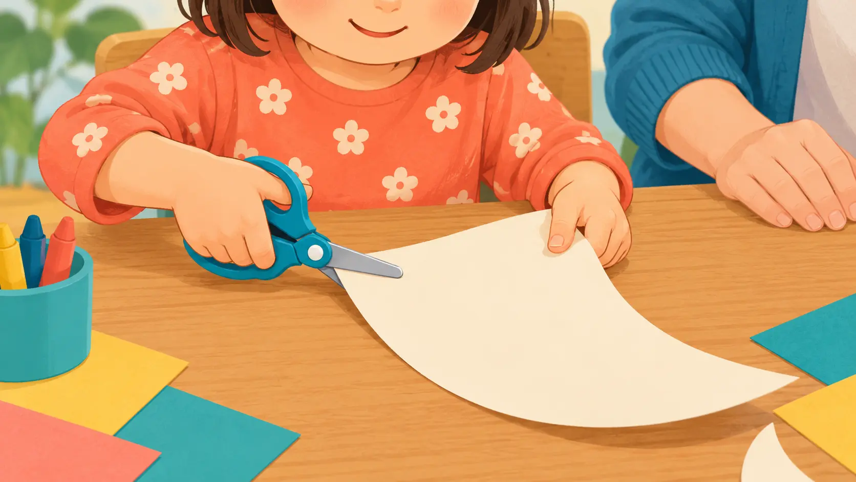 丸刃のはさみを止め、反対の手で曲線の紙を回している子どもの両手