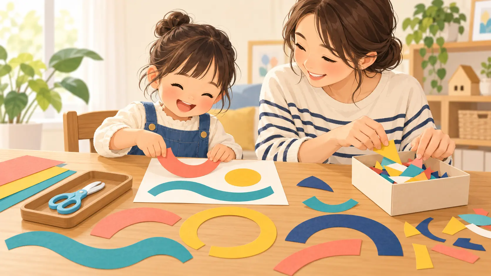 切った弧や波線を台紙へ貼り、残った紙を箱へ片づける親子