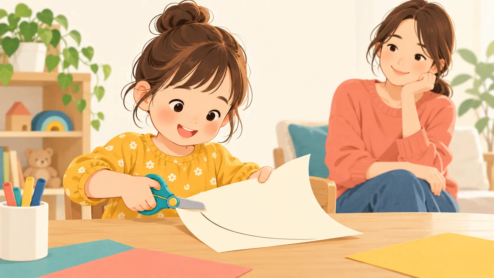 丸刃の子ども用はさみを止めながら大きな曲線の紙を回す子どもと見守る保護者