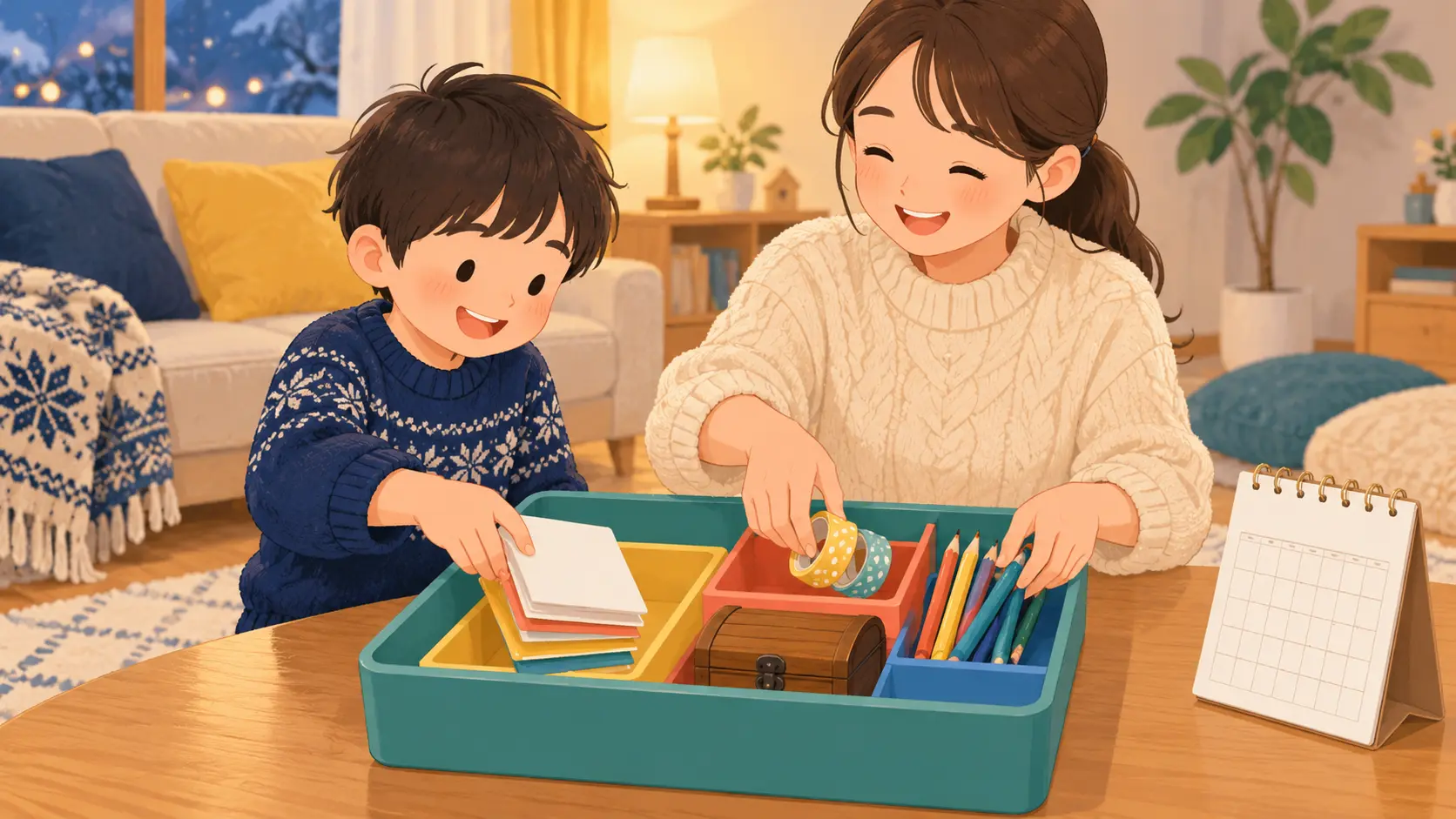 遊び終えた紙カードと色鉛筆とテープを一つの収納トレーへ戻す小学生と保護者