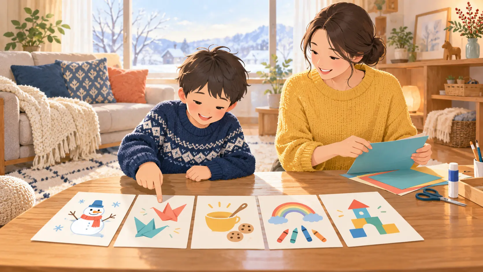 冬のリビングで5日分のおうち遊びカードを選ぶ小学生と準備する保護者
