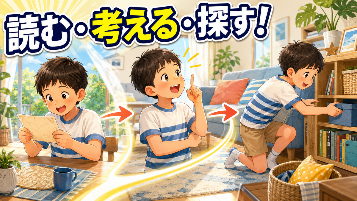読む・考える・探すを繰り返しながら宝探しを楽しむ子ども